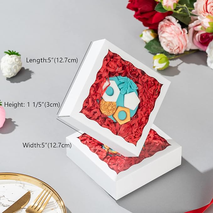 NEKSUNBAK 50PCS 5 x 5 x 1.2 inch White Cookie Gift Boxes, Bakery Boxes with Display Window, Treat Boxes for Macaron, Donuts, Any Holidays & Party Favors