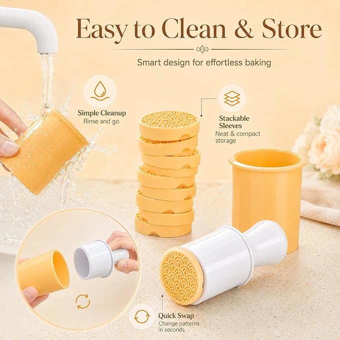 Silicone Cookie Stamps Set for Baking - Geo Geometric Figure Cookie Stamps with Handle and 6 Silicone Stamps High Heat Resistant to 480°F Yellow Color | Geometric stamp patterns; 2.75 in round cutter; compact nesting case for baking, fondant and biscui...