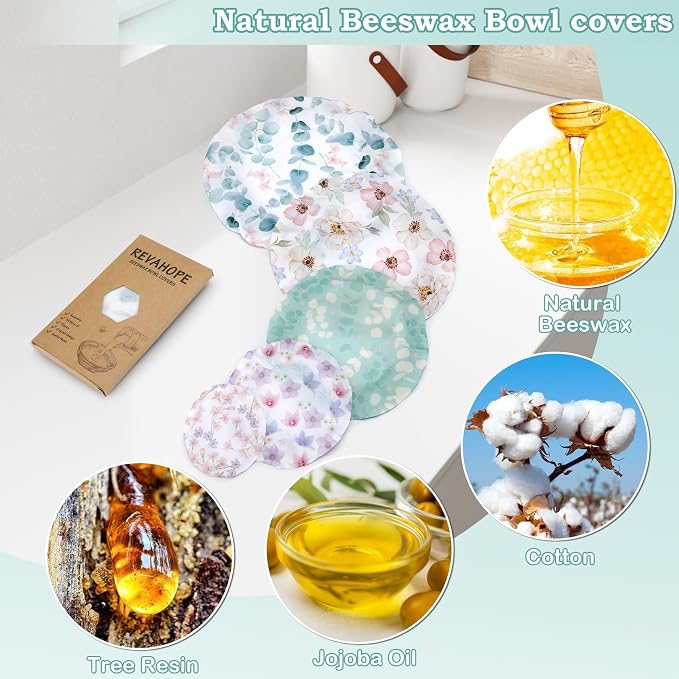 5-Size Reusable Beeswax Elastic Bowl Covers for Bread Proofing, Cotton Cloth Flexible Beeswax Wraps for Sourdough Cover and Food Storage Shower Caps for Sourdough Bread Supplies Tools