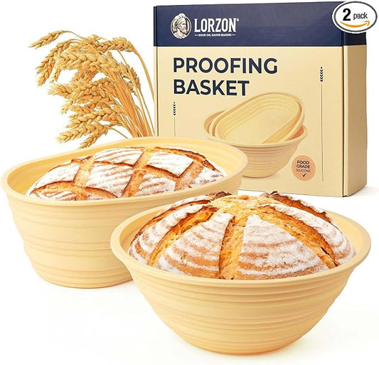 Lorzon Silicone Banneton Bread Proofing Baskets Set of 2, 9" Round & 10" Oval Foldable Sourdough Proofing Baskets, Silicone Proofing Bowls for Sourdough Bread, Easy to Clean and Store