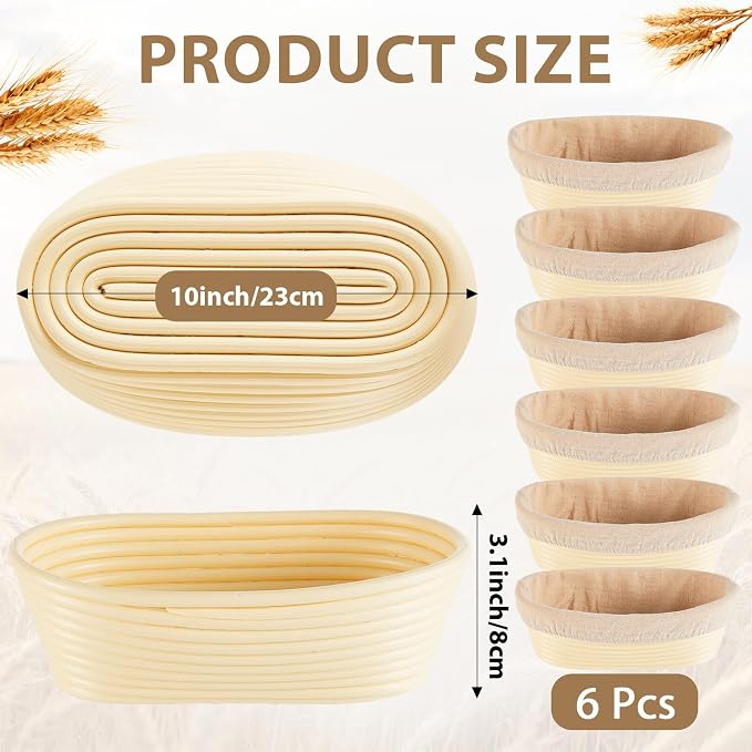 6 Pack Banneton Bread Proofing Basket 10 Inch Oval Rattan Banneton Baskets with Linen Liner Cloth Sourdough Basket Dough Proofing Basket for Professional & Home Sourdough Bread Baking