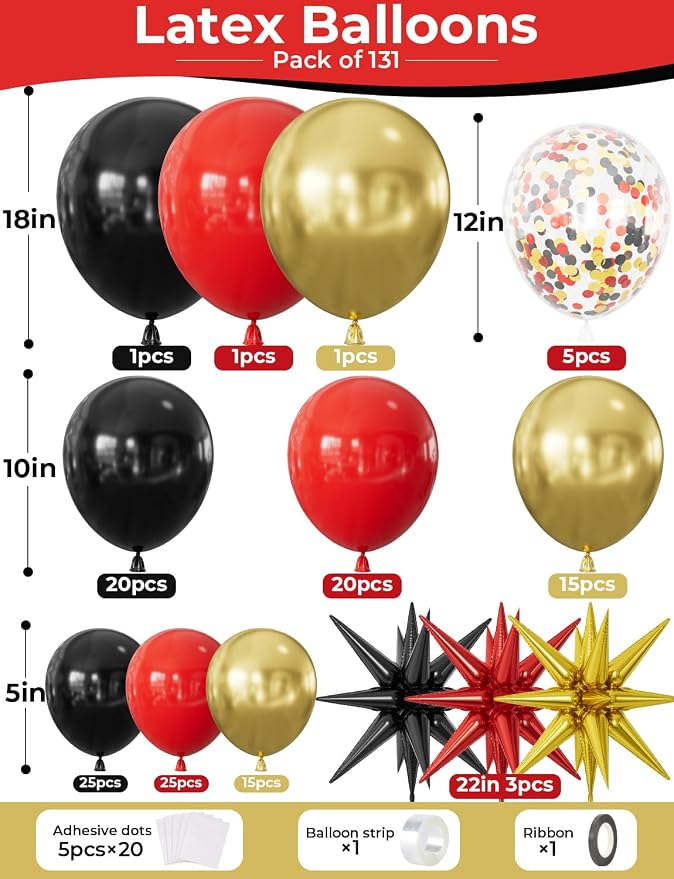 Red Black and Gold Balloons Arch Garland Kit – 131Pcs Latex Balloons with Foil Star Balloons for Birthday Hollywood Casino Movie Night New Year Party Decor