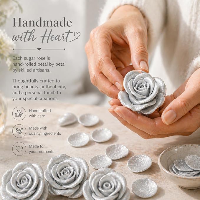 Confect Metallic Edible Shimmering Christmas Silver Roses | Edible Cupcake Toppers | Edible Flower For Cake Decorating | Pack Of 12 Edible Metallic Sugar Flowers for Cake Decorating