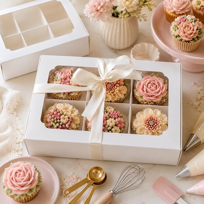Zealax Bakery Boxes with Window and Dividers Cookie Packaging Small Treats for Gift Giving, Macaron Treat Boxes for Mini Cupcakes, Chocolate Covered Strawberries, White, 30 Pack, 9x6x2.5 Inch
