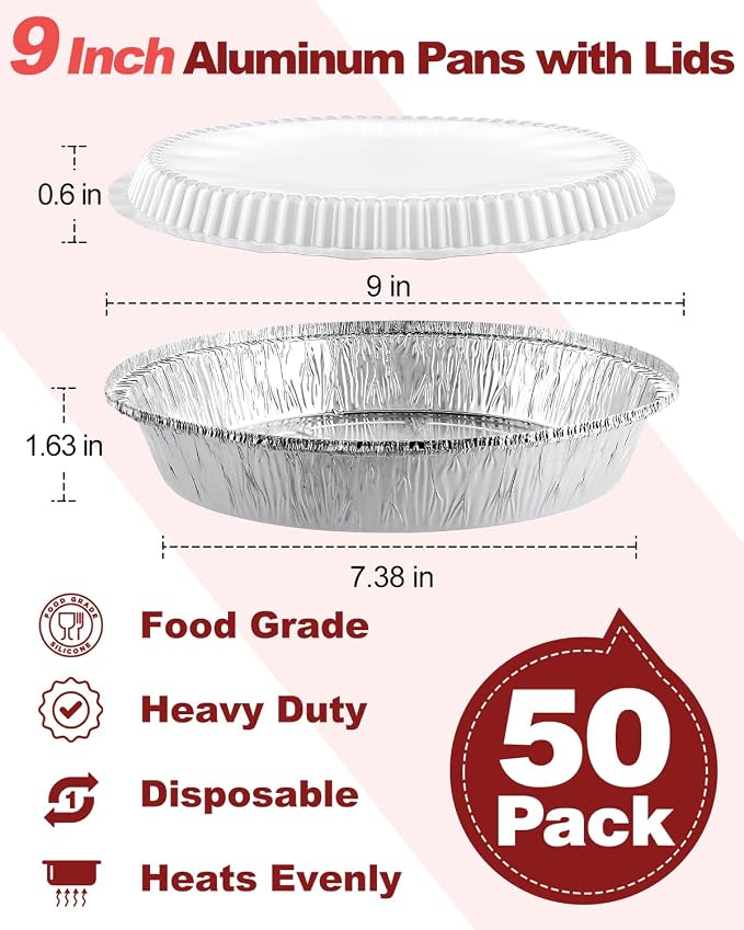 50 Pack 9 Inch Round Aluminum Pans with Plastic Clear Dome Lids - Disposable Tin Foil Pans, Food Containers for Cake Baking, Cooking, Reheating, Roasting, Storage