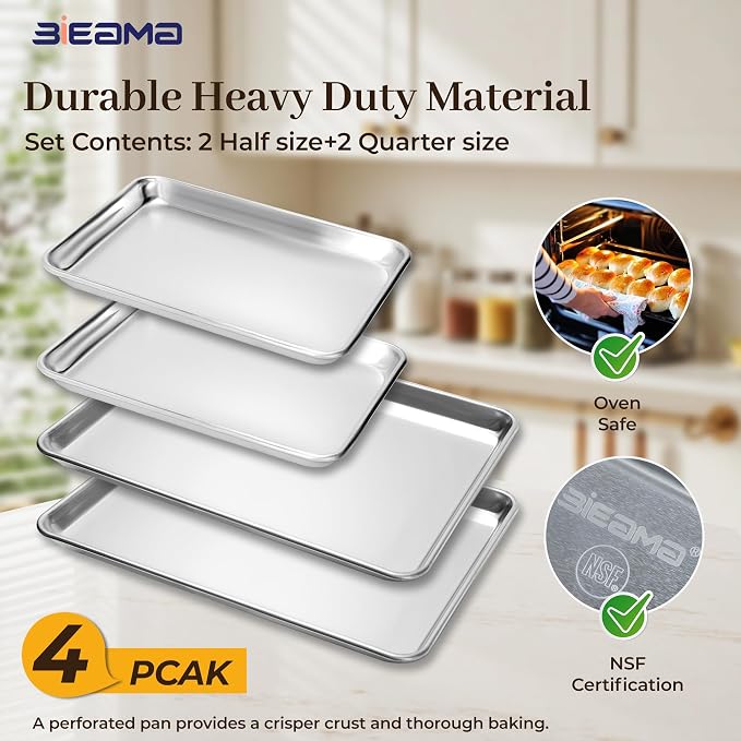 BIEAMA Aluminum Baking Sheet Set of 4, 2 Half Sheet Pans & 2 Quarter Size, Commercial Heavy Duty Cookie Sheets for Oven
