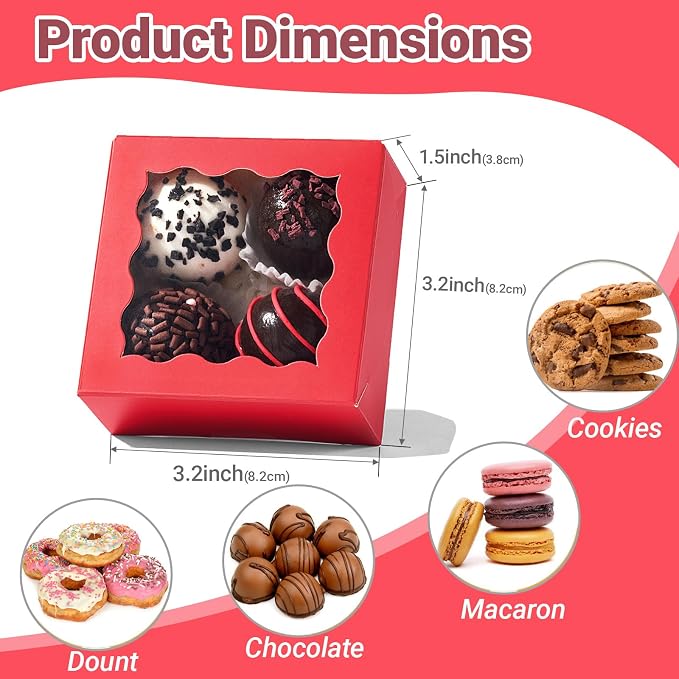 50PCS 3.25x3.25x1.5 inches Red Small Bakery Boxes with Window - Cookie Macaron Mini Cake & Truffle Gift Boxes for Christmas Gifts Birthday Wedding Valentine's Day Party Favors