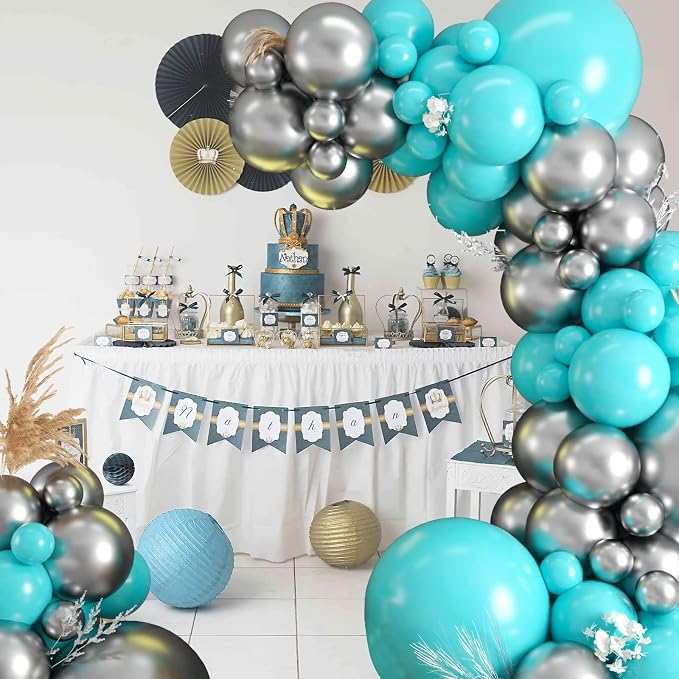 Teal Balloon Garland Kit, 100 Pcs Metallic Silver and Teal Blue Balloon Garland Kit, Turquoise Teal Blue Metallic Silver Balloons Different Sizes for Baby Shower Birthday Wedding Party Decorations