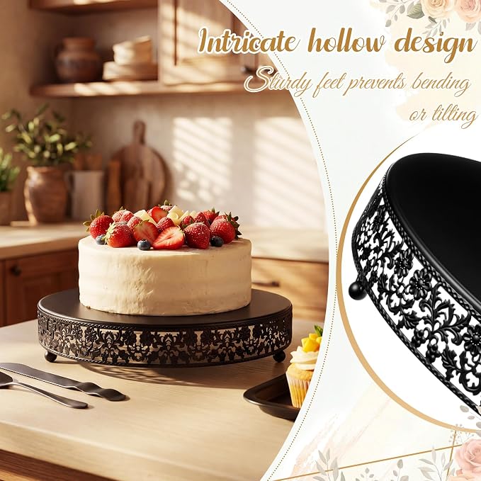 Wenqik 16 Inch Black Cake Stand Set Metal Round Cupcake Dessert Stand with Cake Cutting, Flower Spatula Wedding Cupcake Pastry Display Candy Holder Display for Wedding Party Birthday Baby Shower