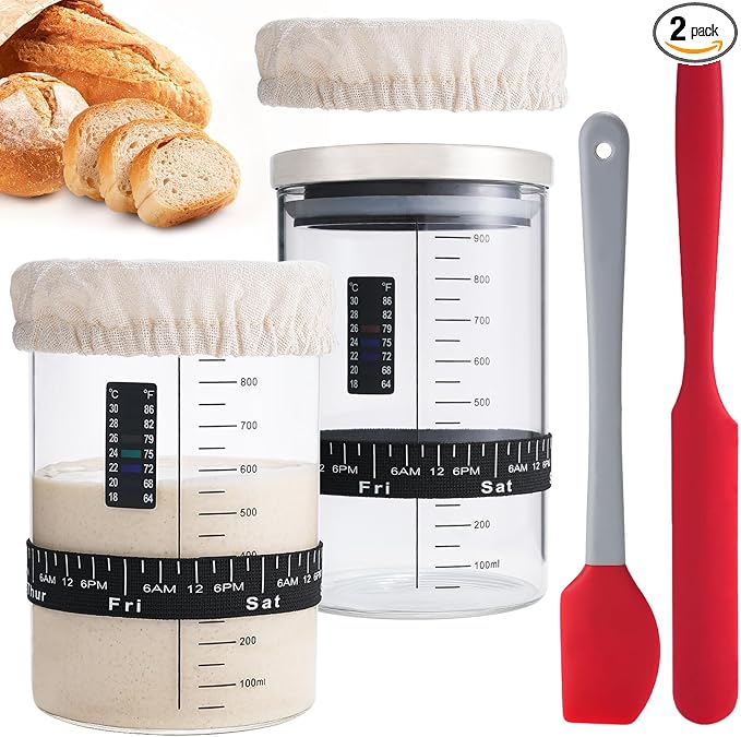 Sourdough Starter Jar Kit, 34 OZ Large Wide Mouth Sour Dough Starter Jars Glass, Sourdough Bread Baking Supplies, Sourdough Tools for Beginners and Pro, 2 Pack