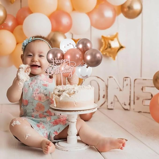 BEISHIDA Happy Birthday Cupcake Toppers - Rose Gold Mini Balloon Cloud Birthday Cake Decorations for Wedding Anniversary Baby Shower Supplies