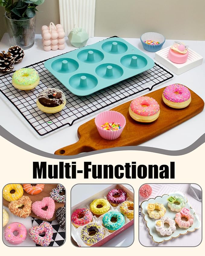 3 Pack Silicone Donut Pan for Baking, Non-Stick Doughnut Pan, 6 Cavity Fluted Tube Cake Silicone Mold for Baking (Blue+Gray+Pink)
