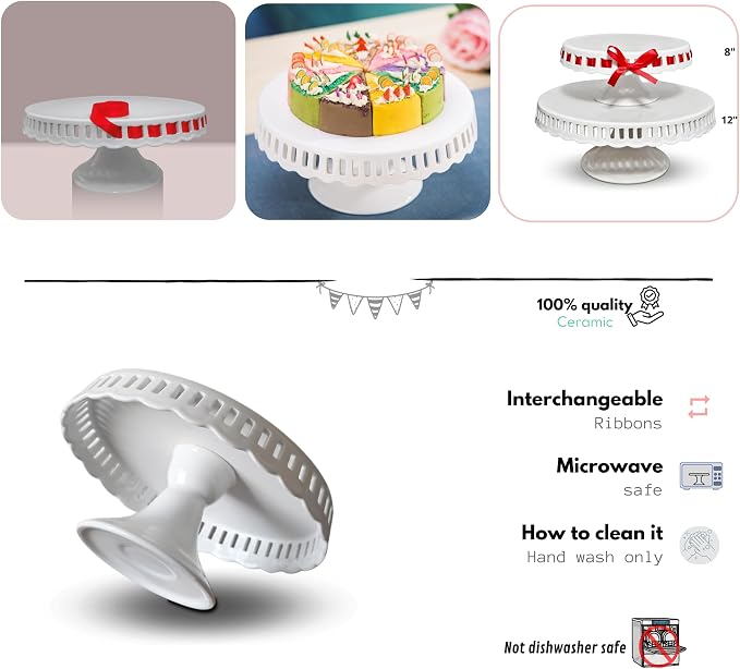 Ceramic Cake Stand, 12inch cake decoration supplies, Cake Pedestal Stand with 6 Ribbons, Cake Stands for Party or Birthday, White Cake Platter - Cake Display Stand for Wedding Reception, Pie Stand