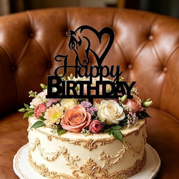 Black Acrylic Horse Happy Birthday Cake Topper, Horse Theme Party Decoration for Boys, Girls, Men, Women & Kids Birthday Party Decoration Supplies (Design3)