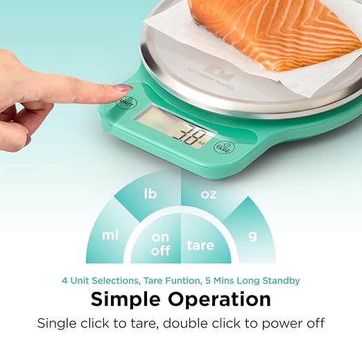 Kitchen Mama Q-Series Digital Food Scale, Teal | 13.2 lb / 6000g Capacity, 1g Precision, Tare Function, Stainless Steel Platform, LCD Display