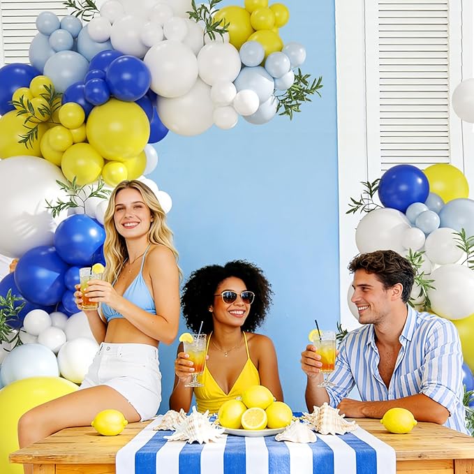 Blue and Yellow Balloon Arch Kit, 124Pcs Lemon Balloon Arch Kit with Royal Blue Light Blue Yellow White Balloons for Mediterranean Themed Birthday Wedding Bridal Shower Anniversary Party Decorations