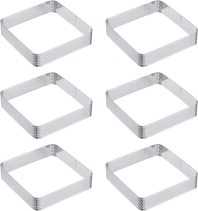 uxcell 6pcs Square Perforated Cake Rings 3.5 x 3.5 Inch Stainless Steel Cake Pastry Mousse Ring Molds for DIY Cake Dessert Mousse Pastries Baking, Silver Tone