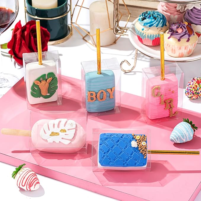 RomanticBaking 100 Pack 3.5"x 2.4"x 1.38" Clear Rice Krispie Treat Boxes with Hole for Cakesickle,Small Macaron,Candy,Treat Boxes Graduation Bab Show Party Favors Box