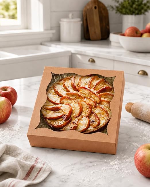 qiqee Auto-pop Up Brown Pie Boxes with Window 12"x 12"x 3" 120Packs Cookie Donut Bakery Box