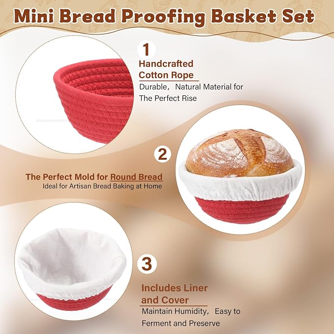 6 Set 5.5 Inch Mini Banneton Bread Proofing Basket Natural Cotton Rope Proofing Bowls Kit with Cloth Liner Small Sourdough Bread Baking Supplies for Home Baking (Red)