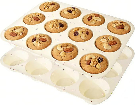 Silicone Muffin Pans for Baking Nonstick 2 Pcs, 12 Cup Regular Cupcake Pan, Food-Grade Silicone Baking Molds for Cupcakes, Egg Bites, Freezer, White