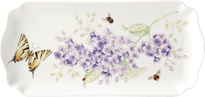 Lenox Serving Tray, Butterfly Meadow Everyday Rectangular Serving Tray, Porcelain, Butterfly Flower Design, Dishwasher Safe. Microwave Safe, 9.5x4.5x0.75-inch, Snacks Fruit, Serveware, White 9.5x4.5'