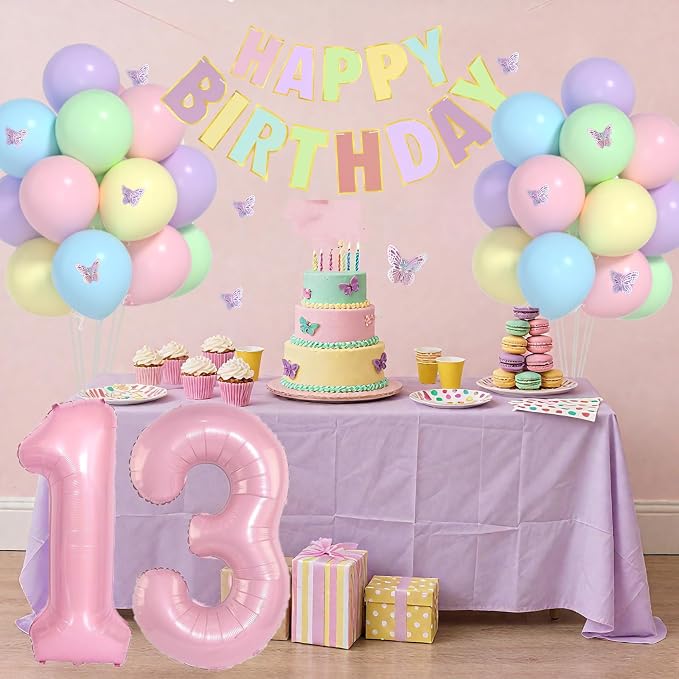 13th Birthday Decorations For Girls -12 Inch Pastel Balloons, 32 Inch Pink 13 Balloon, 3D Butterflies Stickers, Happy Birthday Banner For Teen Girl 13th BD Decorations