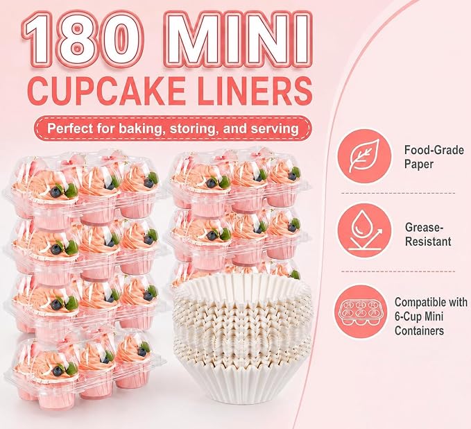 Cupcake Containers Holder - 6 Counts x 30 Sets Stackable Cupcake Boxes Carrier with 200 Pack Liners, Plastic Disposable Clear Cupcake Storage Tray with Detachable Dome Lid for Mini Individual Cake