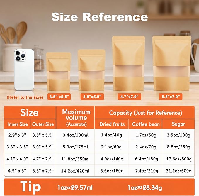 FireKylin 100 Pcs Resealable Bags, Paper Stand Up Pouches Bags with Matte Window for Small Businness, Zipper & Heat Sealable Treat Bags for Packaging (Inner Size 4.1" x 4.9"; Outer Size 4.7" x 7.9")