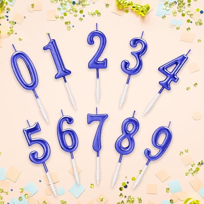 Beanlieve Blue Numeral Birthday Candles - Cake Numeric Candles Number 0 1 2 3 4 5 6 7 8 9, Used for Cake Decoration on Birthday Parties and Wedding Anniversary Celebrations(10 Pieces)