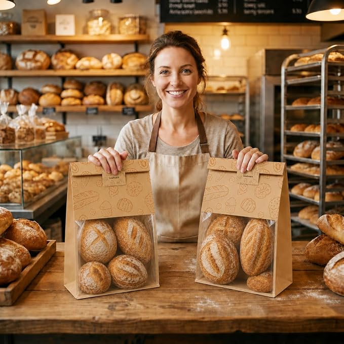 Extra Large Bread Bags for Homemade, 50 Count, 50% Thicker Sourdough Paper With Ties, 15.7 * 10.2 * 5.1 in, Tin Tie Tab Lock Bakery Bags With Window and Sealing Stickers for Storage Packaging Gifting