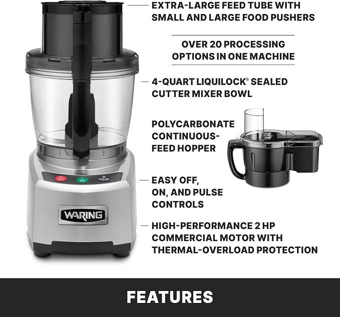 Waring Commercial Food Processor, 4-Quart Capacity, 2 Horsepower Motor, Continuous-Feed Food Processor with Dicing, Large Capacity Vegetable Chopper for Professional Kitchens, WFP16SCD
