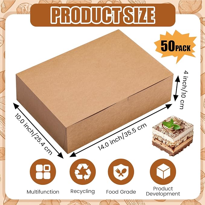 50 Pcs Non-window Bakery Boxes 14 x 10 x 4 Inch Kraft Paperboard Cake Box 1/4 Sheet Brown Rectangle Bakery Pastry Supplies for Cookies, Chocolate, Party Gift, and At-home Bakers