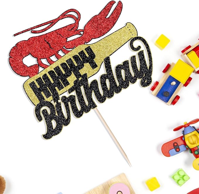 Lobster Cake Topper, Glitter Lobster Happy Birthday Party Decoration，Lobster Themed Baby Shower Birthday Party Cake Decoration Supplies, Black