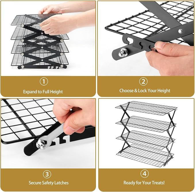 4-Tier Stackable Cooling Rack for Baking, Collapsible Wire Cookie Rack with Adjustable Heights, Non-Stick Roasting & Drying Rack for Cupcakes, Pies and Pastries, Space-Saving Kitchen Essential