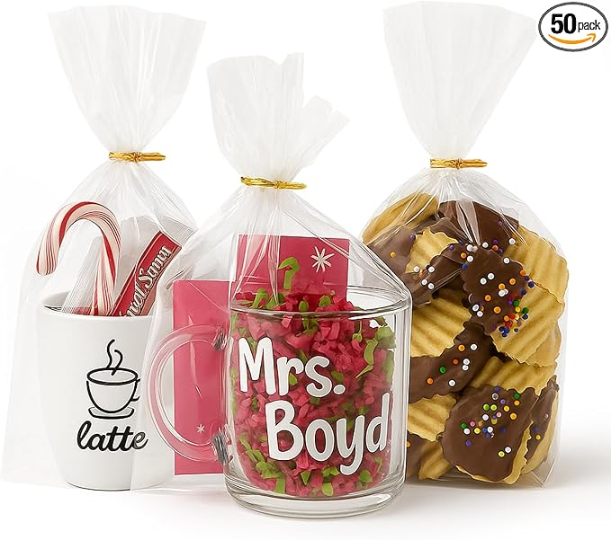 WIKDAY Cellophane Bags 50 PCS 8x11 Inches Clear Gift Gags with Ties Plastic Treat Party Favor Candy Bags for Gift Giving, Packaging Snack, Products