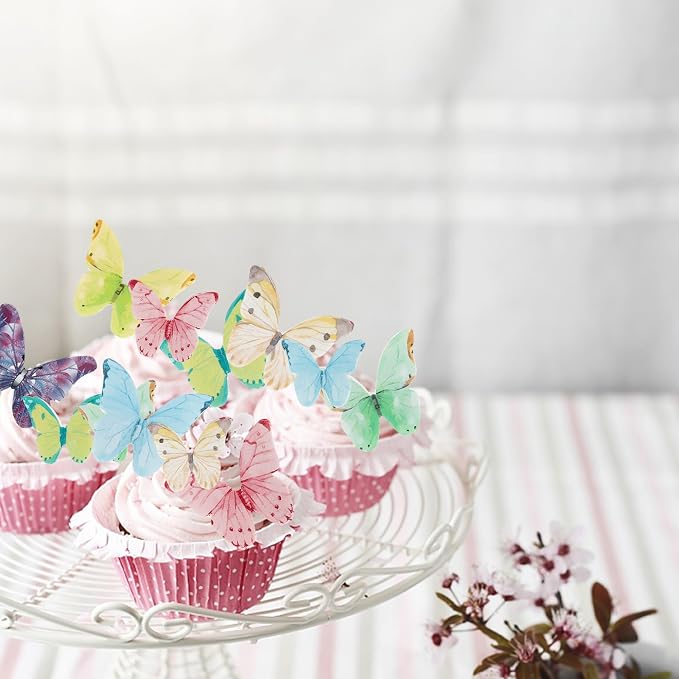 40 PCS Wafer Paper Butterfly Cupcake Toppers Edible Butterflies for Cake Decorations Colorful Edible Butterfly Cake Toppers for Wedding Birthday Party Cupcake Decorating Supplies