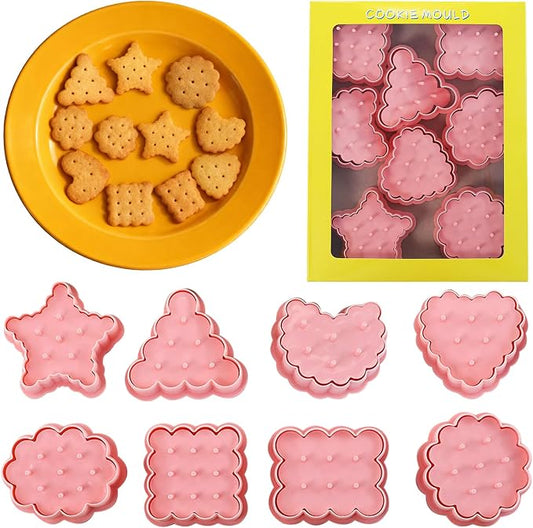 8 Pcs 3D Mini Classic Raised Design Cookie Stamps Triangle Circle Embossed Cookie Cutter Set for DIY Biscuit Sugar Cracker Shortbread Fondant Cakes Cupcake Toppers Party Treats Baking Crafts