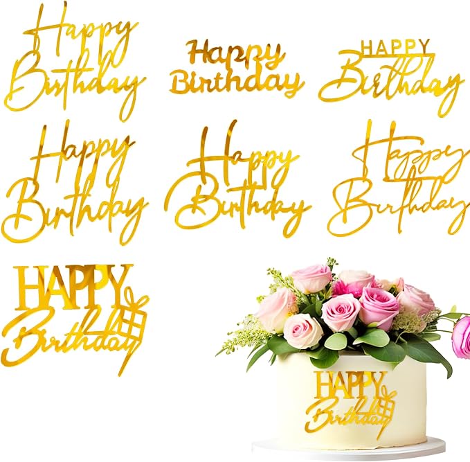 Amabro Happy Birthday Cake Topper, 8 PCS Golden Cake Decoration Set, Acrylic Mirror Cake Topper Inserts Accessories for Anniversary