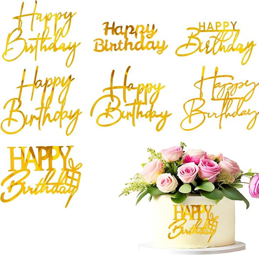 Amabro Happy Birthday Cake Topper, 8 PCS Golden Cake Decoration Set, Acrylic Mirror Cake Topper Inserts Accessories for Anniversary