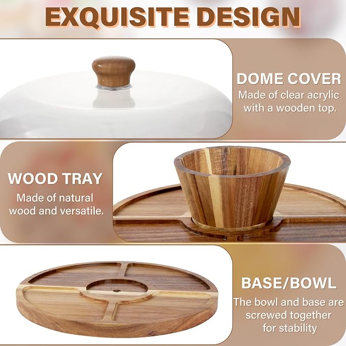 Acacia Wood Cake Stand with Lid, 6-in-1 Multifunctional Cake Plate, Cake Holder, Serving Tray, Fruit Platter, Salad Bowl, Dessert Table Display & Acrylic Cake Dome Cover