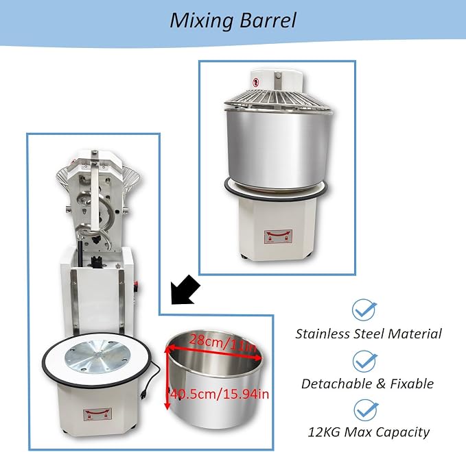 30QT Commercial Dough Mixing Machine Spiral Stand Mixer, Electric Flour Kneading Machine Bread Making with Detachable Stainless Steel Bucket, Dual Action, for Bakeries, Pizza Shops