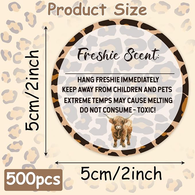 PANTIDE Freshiess Scent Care Instruction Stickers - 500 Count Car Freshie Warning Round Labels, Adhesive Roll Stickers with Line to Write Thermal Printed for Small Business (2 x 2 Inch, Leopard Cow)