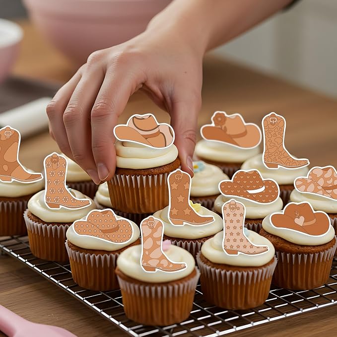 36PCS Edible Cowboy Cupcake Toppers Wafer Paper Brown Horse Boots Hat Cupcake Picks Edible Rodeo Cake Decorations for Western Horse Racing Theme Birthday Baby Shower Party Supplies