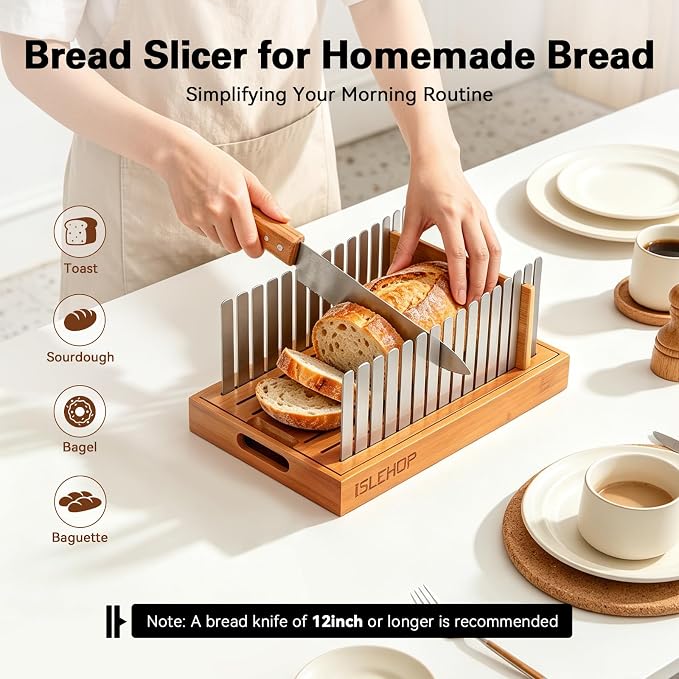 Bread Slicer for Homemade Bread - Bread Cutter Board with Adjustable Width Stainless Steel Slicing Guides & Crumb Tray, Bread Cutter for Sourdough, Bagel, Loaves (Bamboo+Stainless steel)