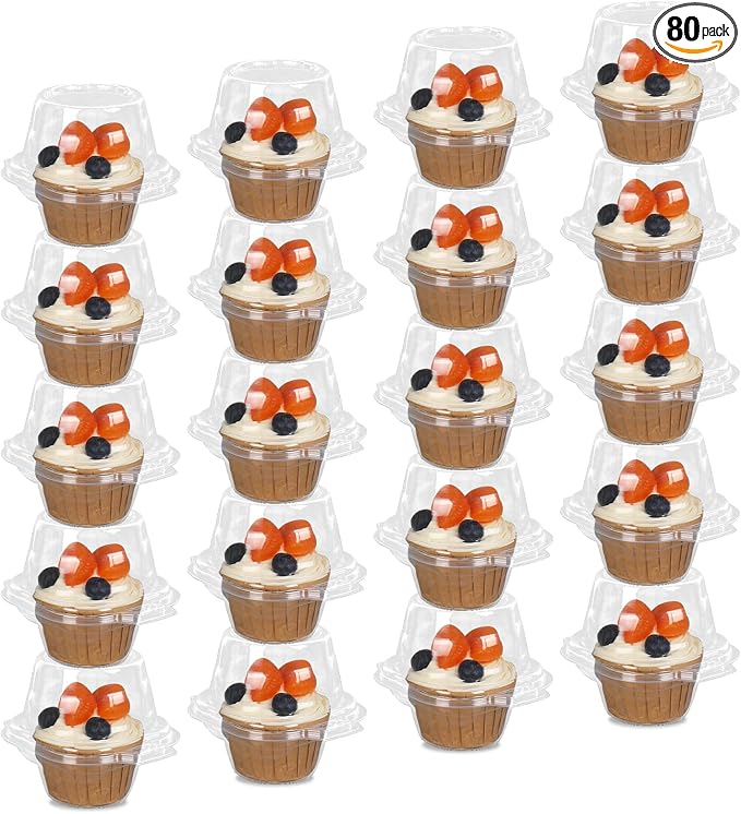 JarThenaAMCS 80 Pack Plastic Individual Cupcake Containers Clear Cupcake Boxes Holder Disposable Stackable Deep Dome Mini Cake Carriers for Cake Muffin Packaging