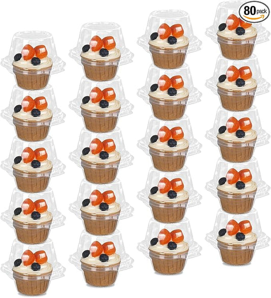 JarThenaAMCS 80 Pack Plastic Individual Cupcake Containers Clear Cupcake Boxes Holder Disposable Stackable Deep Dome Mini Cake Carriers for Cake Muffin Packaging