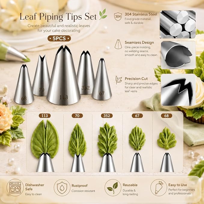 5 Pcs Leaf Piping Tips Set, 67, 68, 70, 352, 113, Stainless Steel Cake Decorating Tips, Frosting Icing Nozzles for Cupcakes, Cakes, Cookies