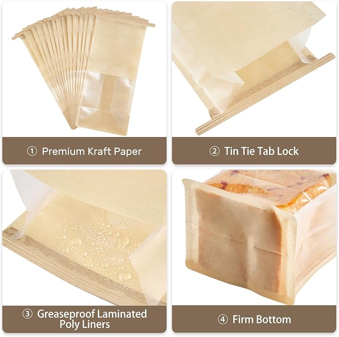 ZORRITA Bakery Bags with Window, 50 Pack, 5.1 x 3.9 x 11 Inches | Tin Tie Tab Lock, For Cookies, Bread, Bagels, Pastry, Popcorns and Snacks
