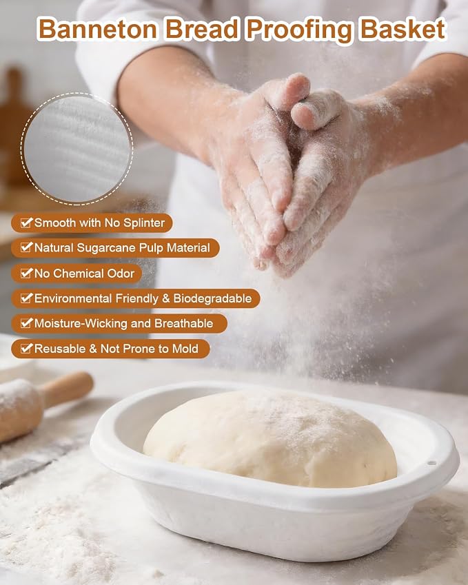 2 Pcs Banneton Bread Proofing Baskets, Sourdough Basket, Oval, 11 Inch | Banneton Basket Set, Proofing Basket for Sourdough & Artisan Bread Baking, Non-Stick, Made with Eco-friendly Sugarcane Pulp